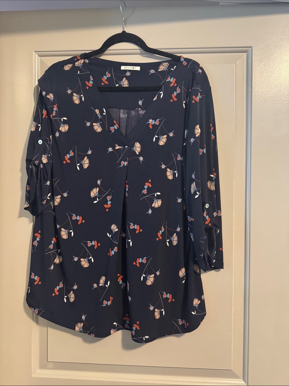 Beacon Navy Floral and Berry Print V-Neck Blouse
